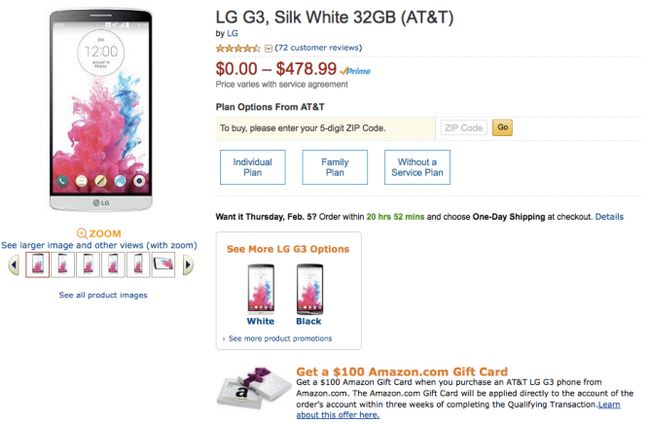 Fotografía - [Offre Alerte] AT & T LG G3 32 Go en noir métallisé ou de soie blanc et de 100 $ Amazon Gift Card Pour seulement 489 $ sans contrat, 0,01 $ avec un contrat